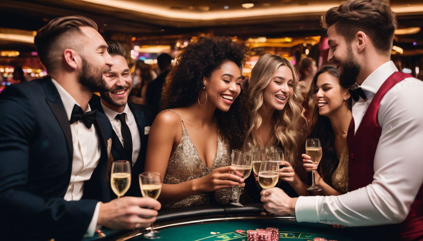 En grupp vänner firar med champagne och konfetti på ett kasino.