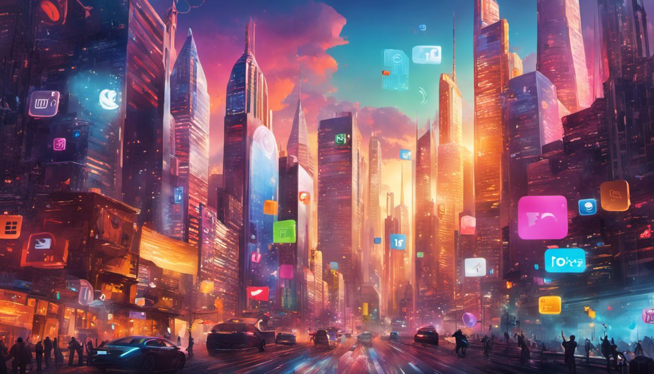 The image depicts a vibrant cityscape with scattered social media icons, highlighting urban connectivity.