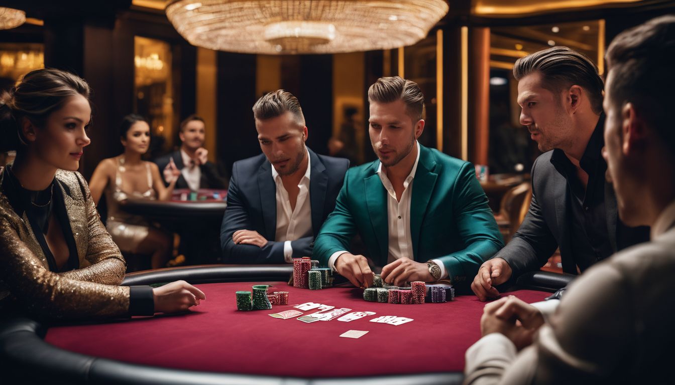 En mångfaldig grupp casinospelare samlade runt ett pokerbord.