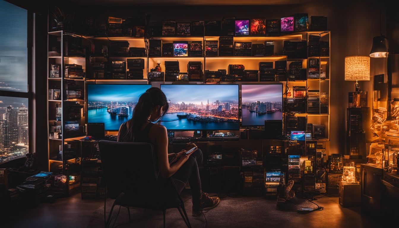 En person sitter ensam omgiven av tomta videospelomslag i en mörklagd rum.