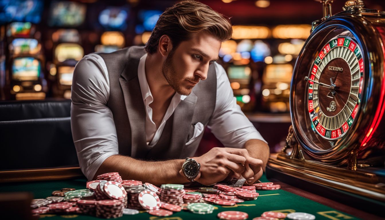 En person tittar på en klocka omgiven av spelmarker och pengar på ett kasino.