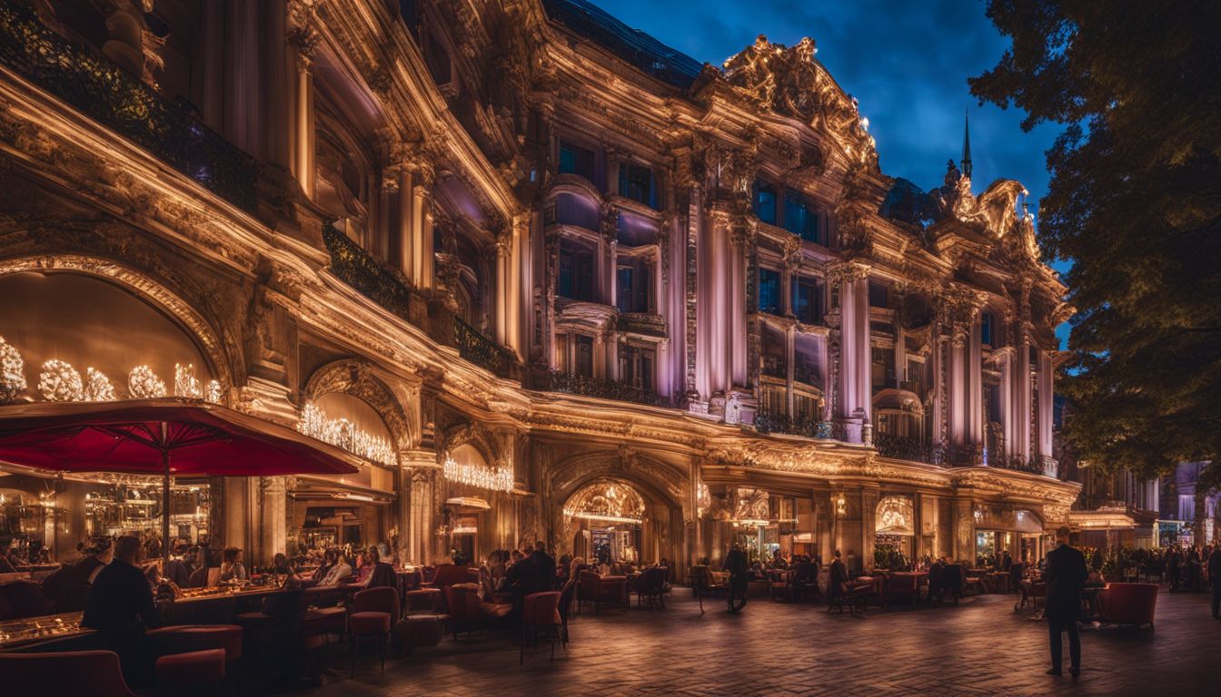 En bild av ett lyxigt europeiskt kasino på natten.