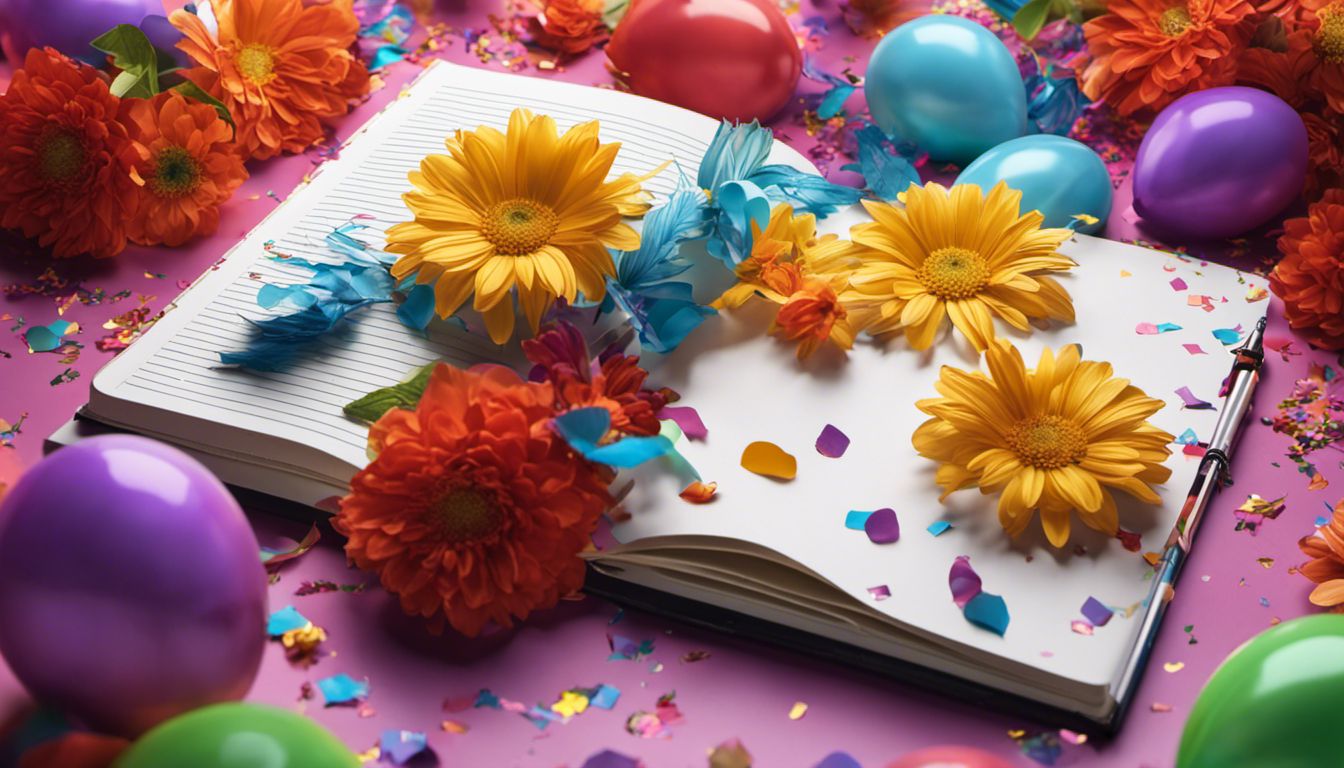 An open notebook filled with sketches and ideas, surrounded by vibrant flowers, colorful balloons, and confetti, creating a festive and creative atmosphere.