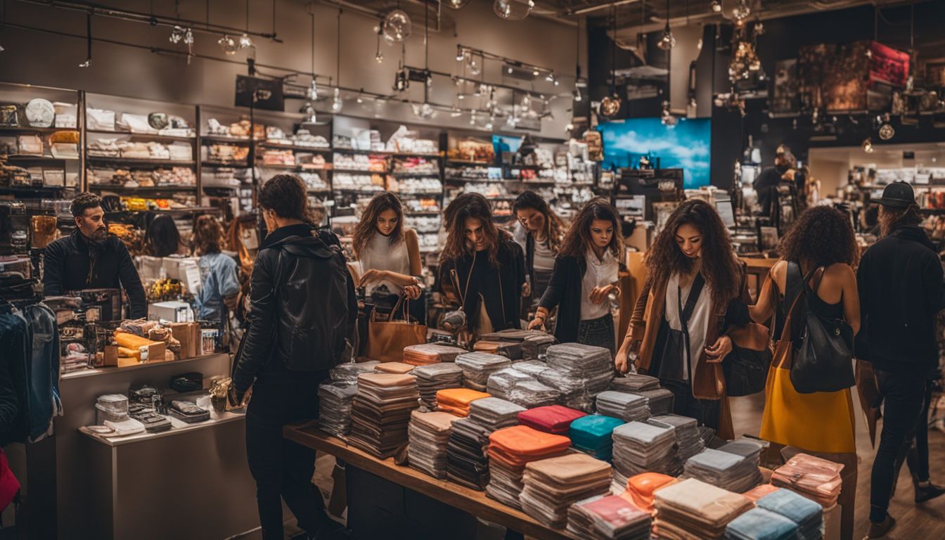 A bustling store with a table full of discounted items, captured in a well-lit and vibrant photograph.