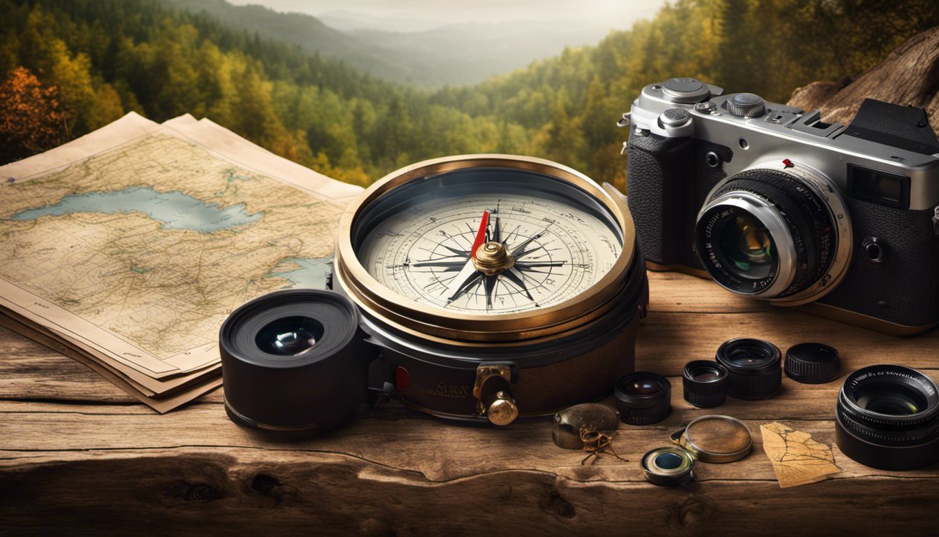A rustic table displays a compass and map surrounded by camera equipment, lenses, and nature photographs capturing the essence of the great outdoors.