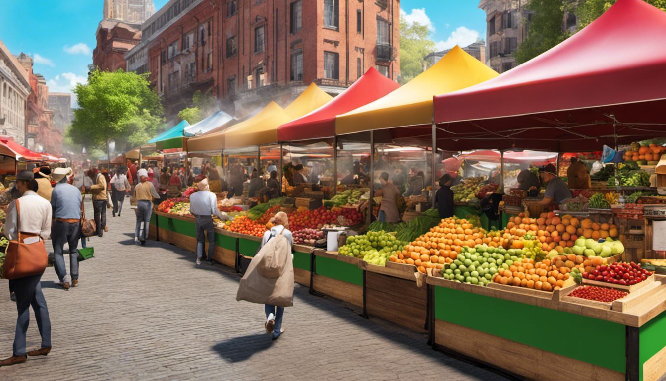A vibrant outdoor market showcasing a diverse array of fruits, vegetables, and spices, with a bustling cityscape in the background.