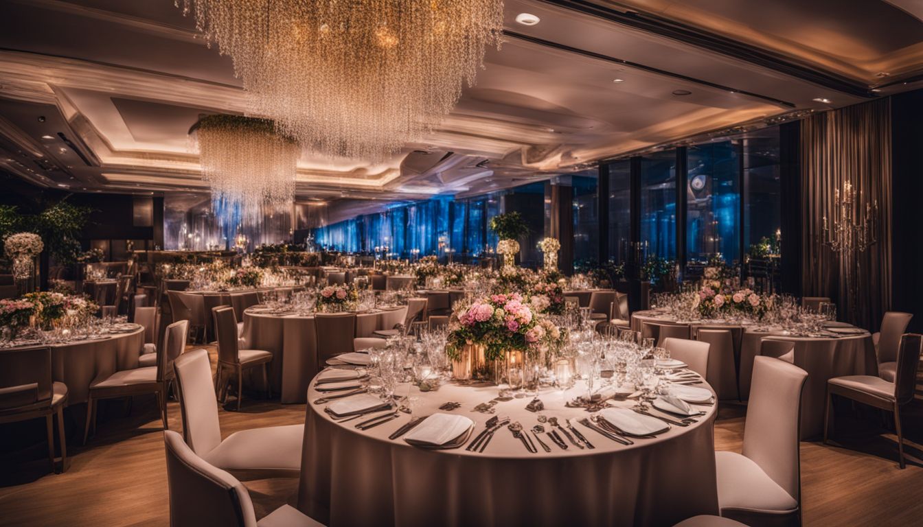 A modern event venue with stylish decorations, showcasing bustling atmosphere and well-organized surroundings.
