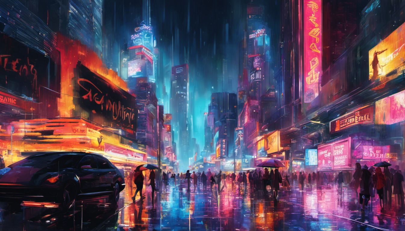 A dynamic and rain-soaked cityscape with lively nightlife, neon signs, and blurred figures passing by.