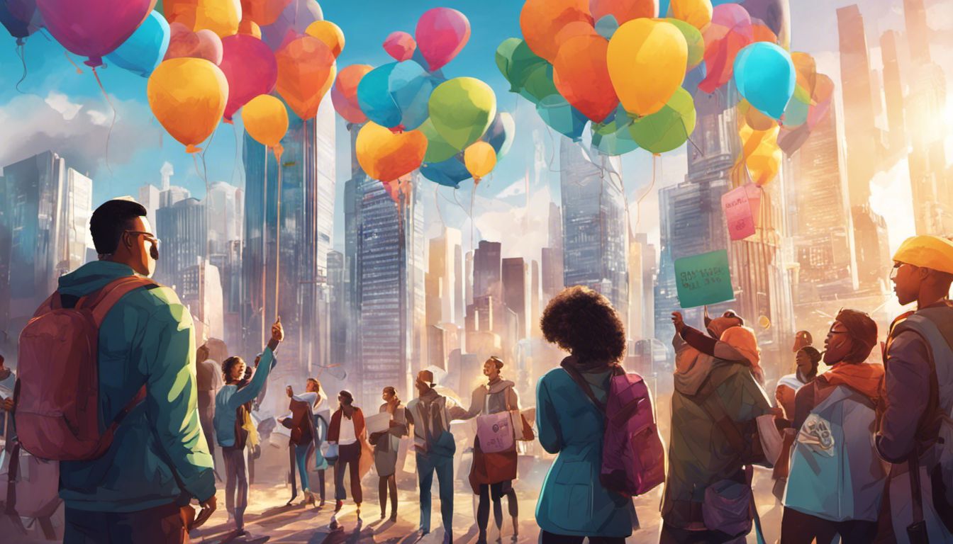 A vibrant cityscape showcases a diverse group promoting unity through inspiring messages.