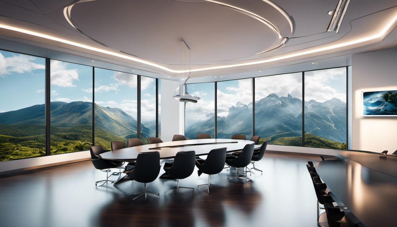 A futuristic conference room showcases stunning aerial photographs of breathtaking landscapes from around the world.