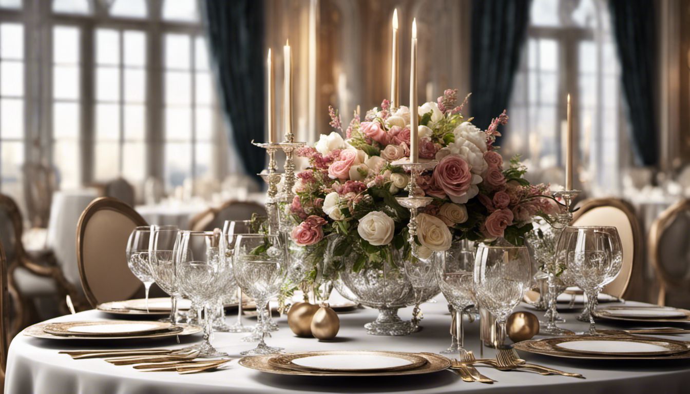A lavishly adorned corporate event space exudes sophistication and luxury through elegant table settings and floral arrangements.