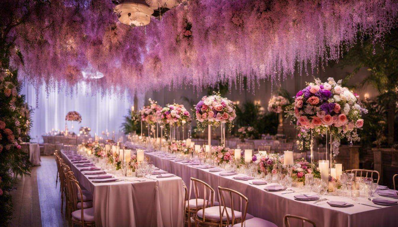 The image captures a gorgeously decorated event venue with floral centerpieces and twinkling fairy lights.