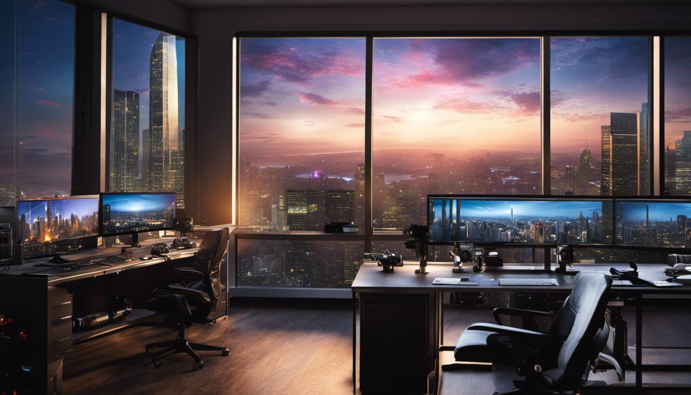 A state-of-the-art film editing workstation with professional camera equipment and a stunning city view.