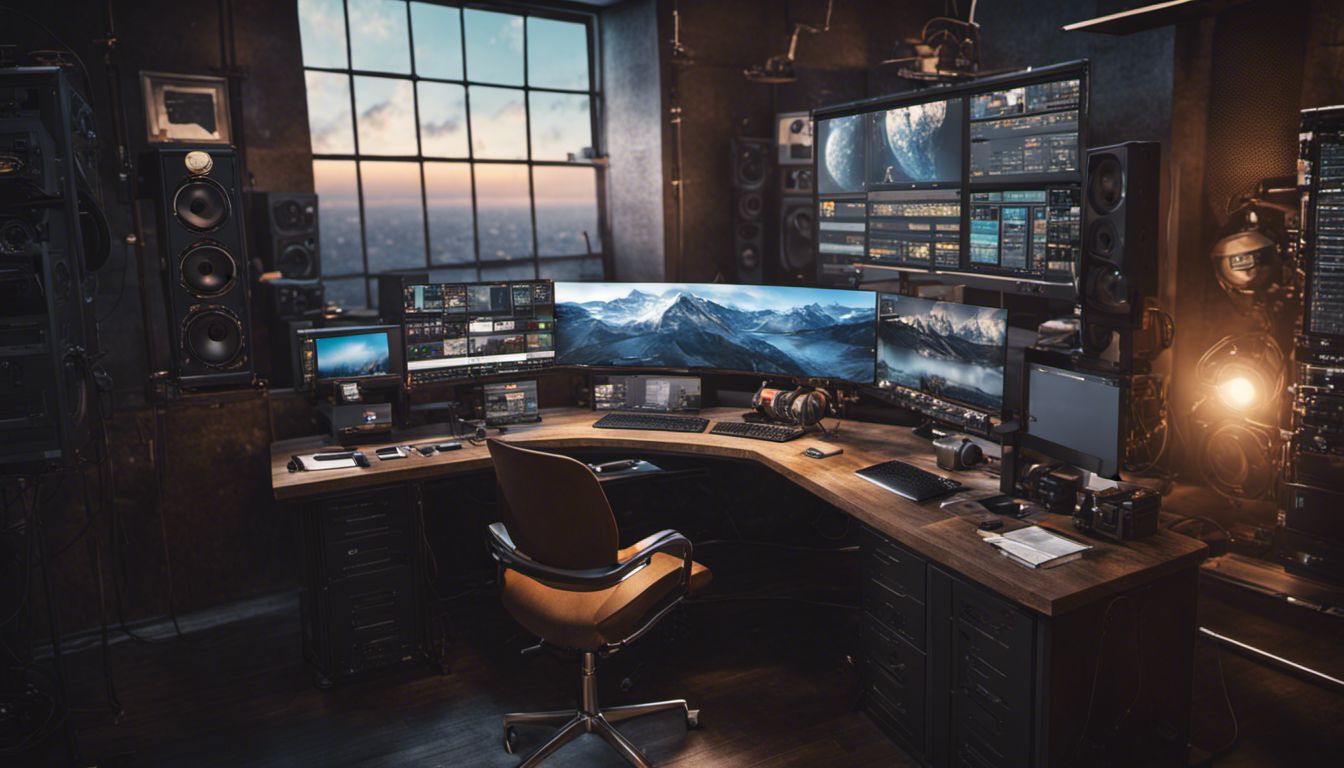 A professional video editing workstation surrounded by film reels and equipment, showcasing the blend of technology and creativity.