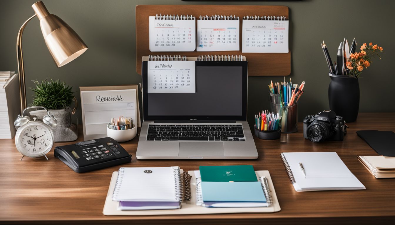 A well-organized office desk with a calendar, files, and a clock, showcasing efficient time management.