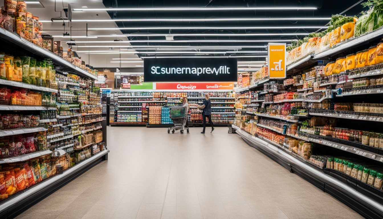 A well-stocked supermarket aisle with promotional signage and products, creating a bustling atmosphere.