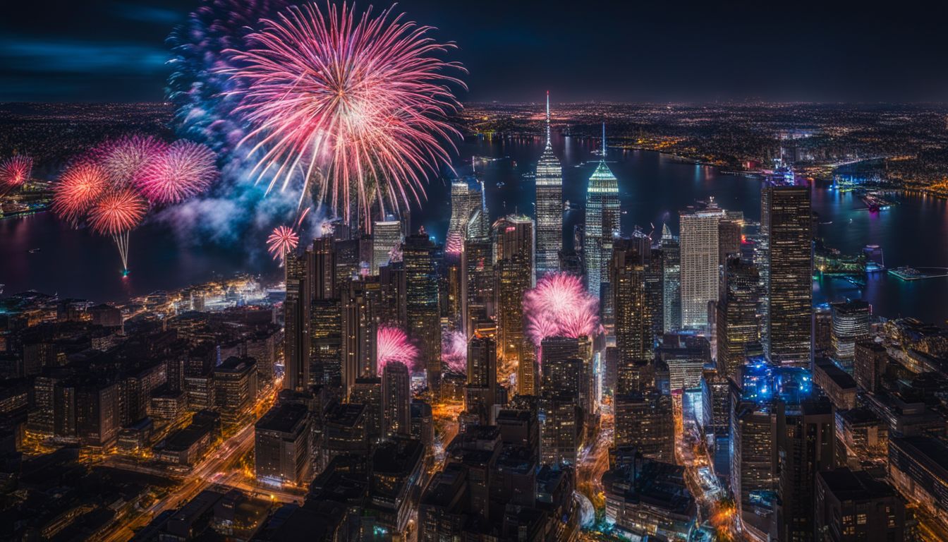 A vibrant city skyline illuminated by colorful fireworks, showcasing various outfits and hairstyles, with a bustling atmosphere.