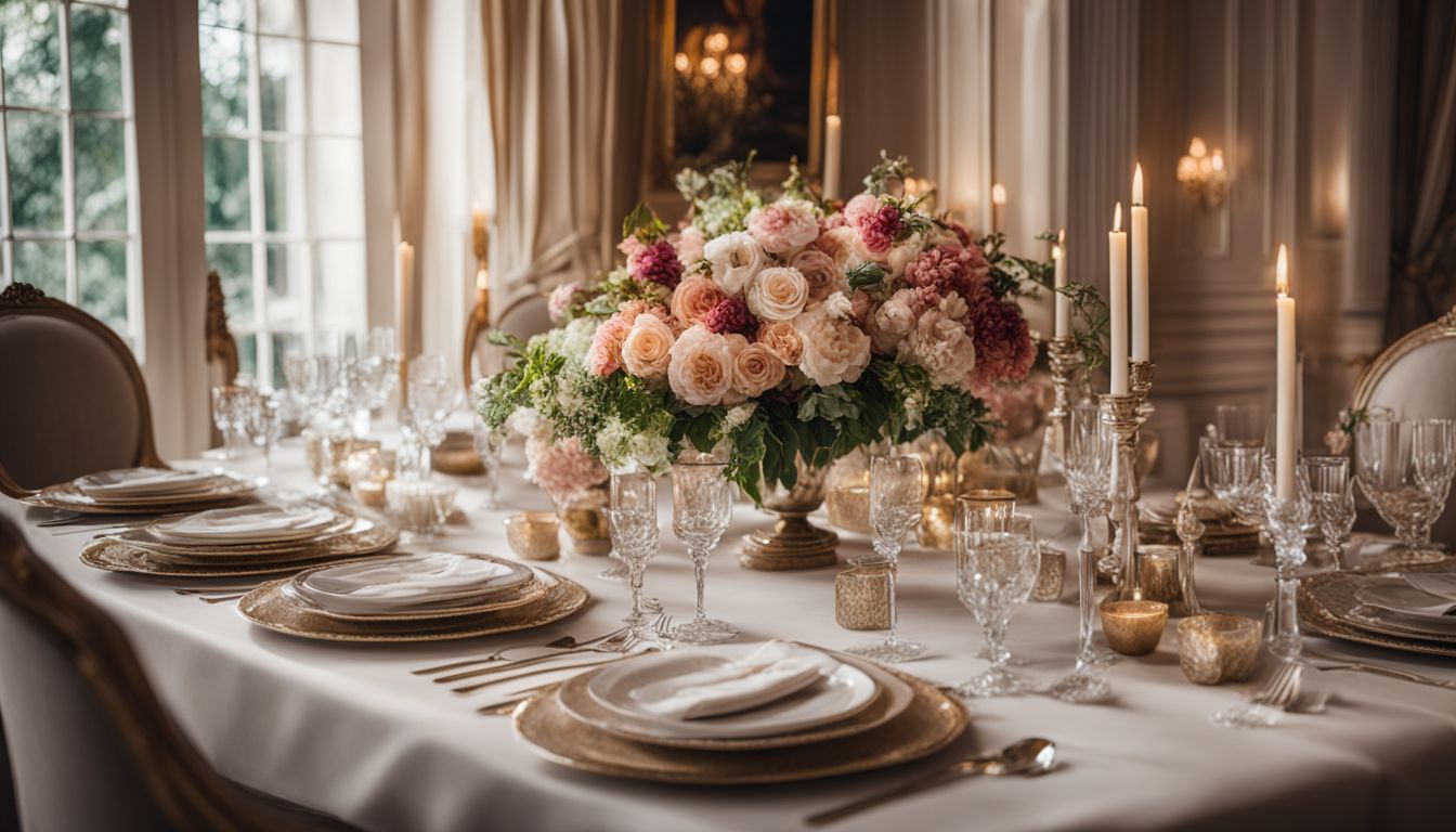An exquisite table setting with floral arrangements and decorative place settings, capturing a busy and elegant atmosphere without any human subjects.