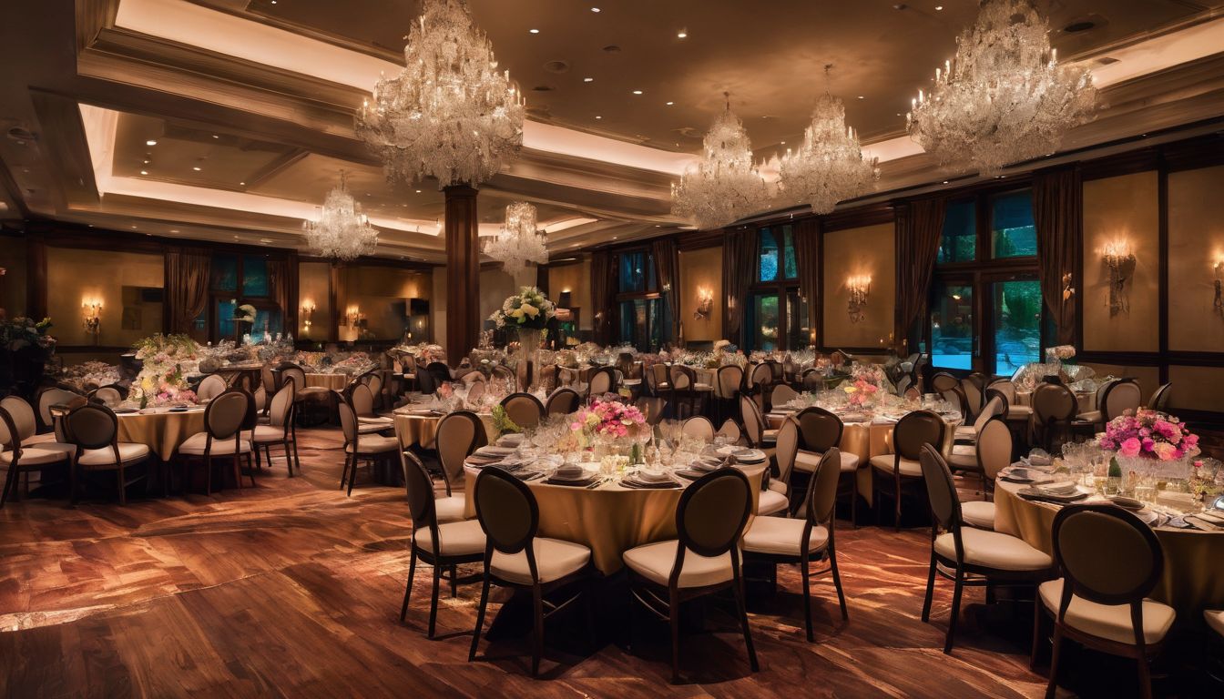 A beautifully decorated event venue with vibrant lighting and exquisite table settings.