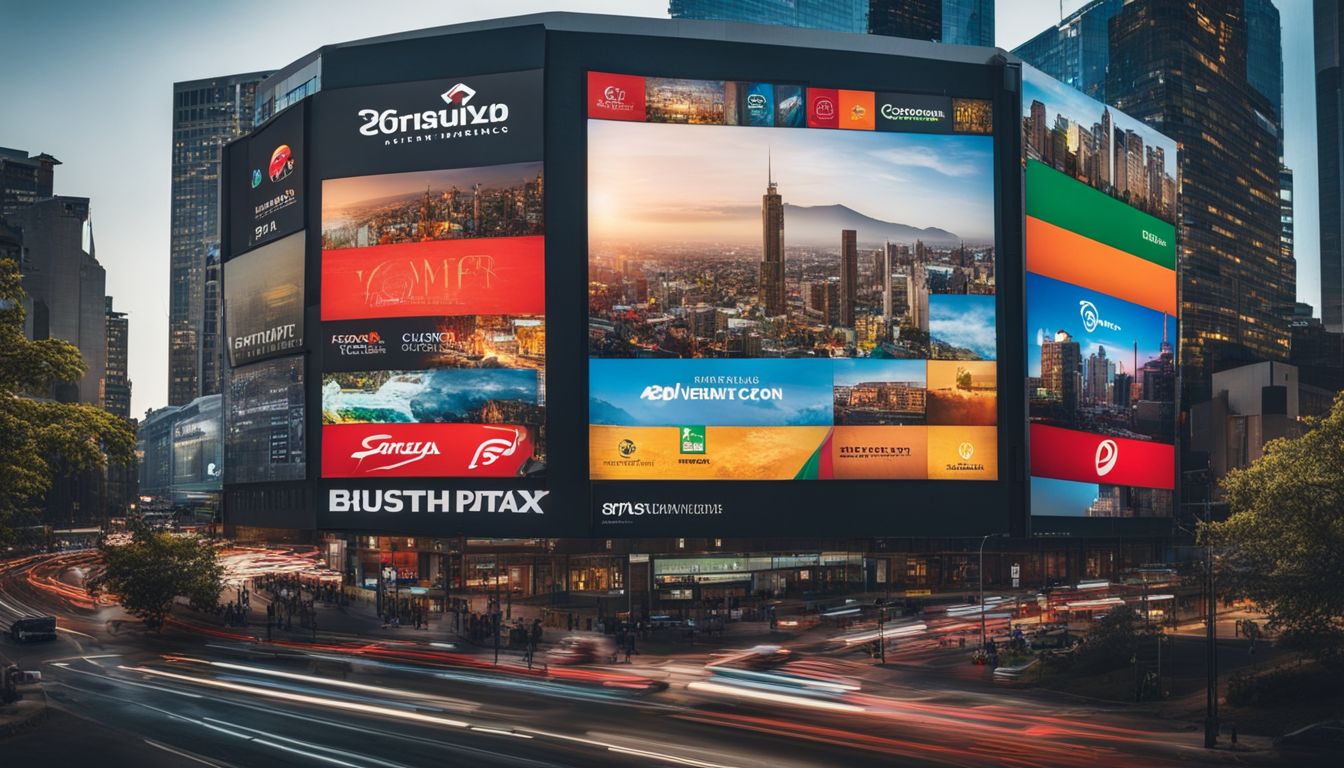 An eye-catching billboard showcasing top South African promotional companies against a vibrant cityscape background.