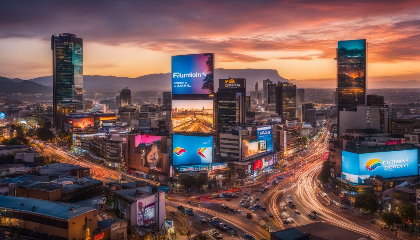 A cityscape with billboards displaying logos of top promotional companies in South Africa, featuring diverse faces, hairstyles, and outfits.