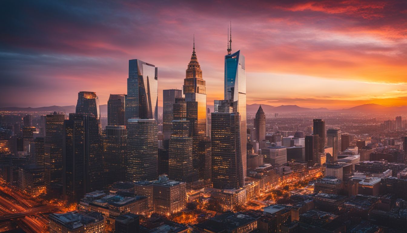 A vibrant city skyline at sunset, showcasing iconic buildings and a bustling atmosphere.