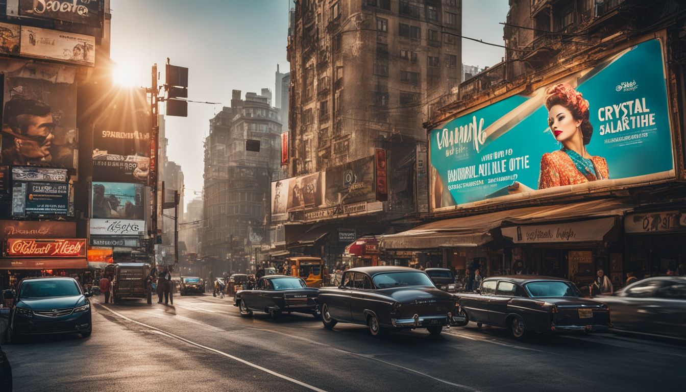 A vintage billboard in a bustling cityscape featuring traditional marketing slogans.