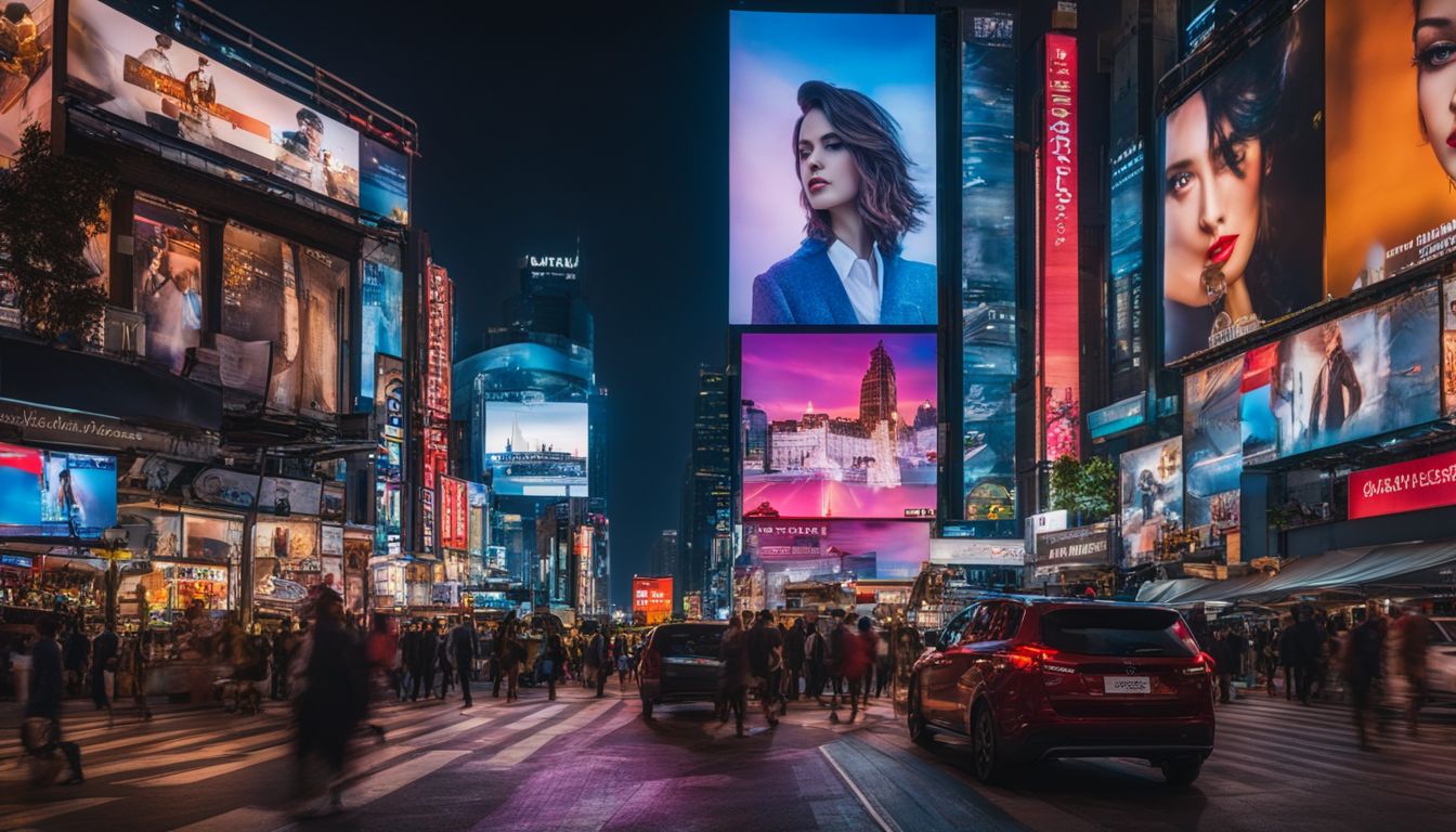 A vibrant cityscape at dusk with illuminated billboards and digital advertisements, captured in high resolution.