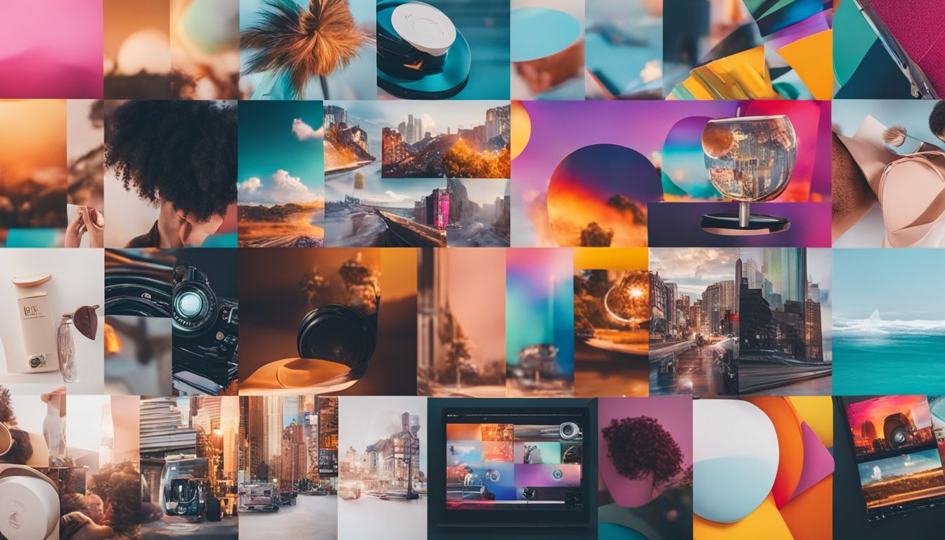 A vibrant collage of marketing icons and symbols featuring various styles and outfits, captured with high-quality cameras.