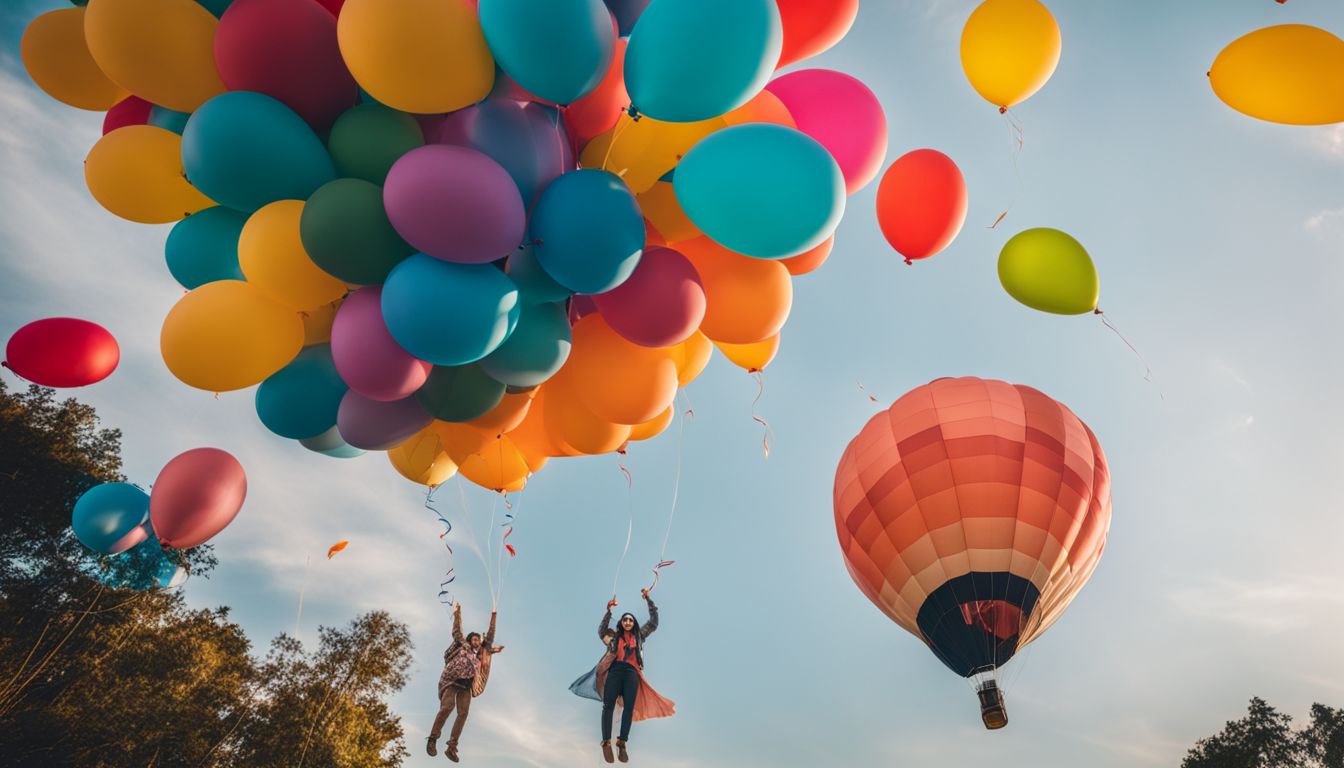 A vibrant photo of colourful balloons floating against a clear sky, captured with precise focus and clarity.
