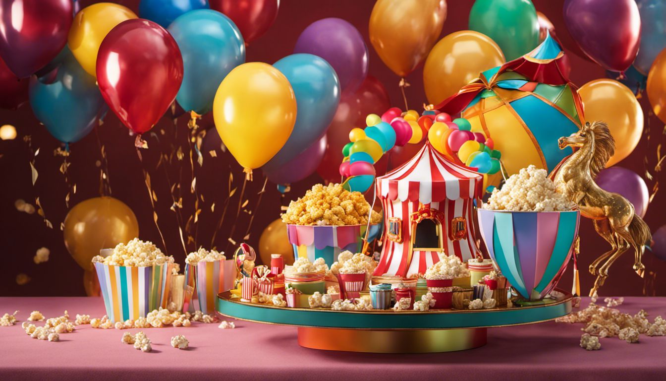 A festive carnival-themed table, complete with vibrant decorations and centerpieces, is skillfully photographed to capture the joyful atmosphere.