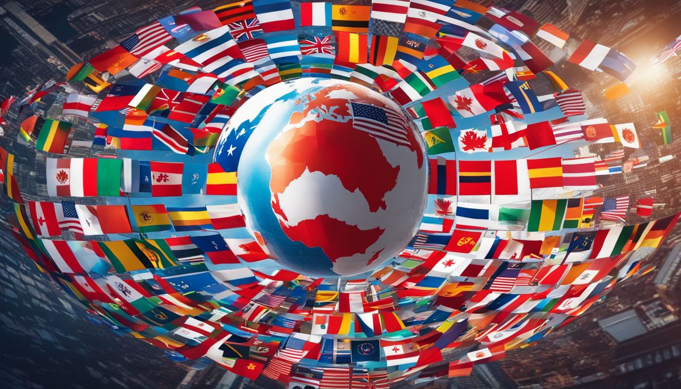 A globe surrounded by flags from different countries and diverse faces.