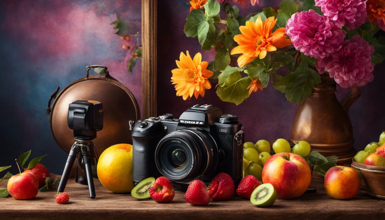 A still life composition of colorful fruits and flowers captured by a professional camera with an elegant studio backdrop.