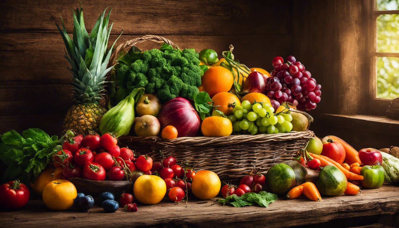 A vibrant display of fruits and vegetables arranged artistically on a rustic wooden table.