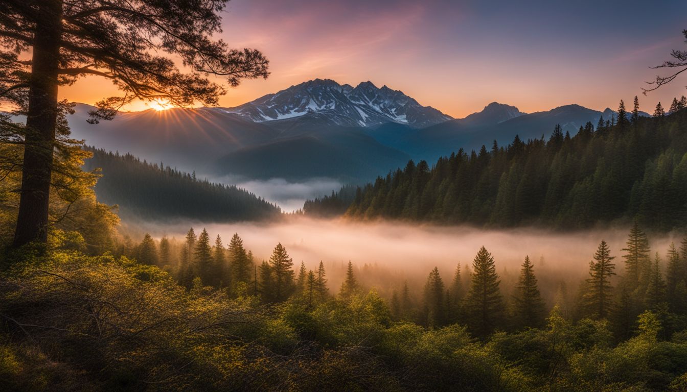 A stunning sunrise over a pristine forest captured in a vibrant, cinematic landscape photograph.