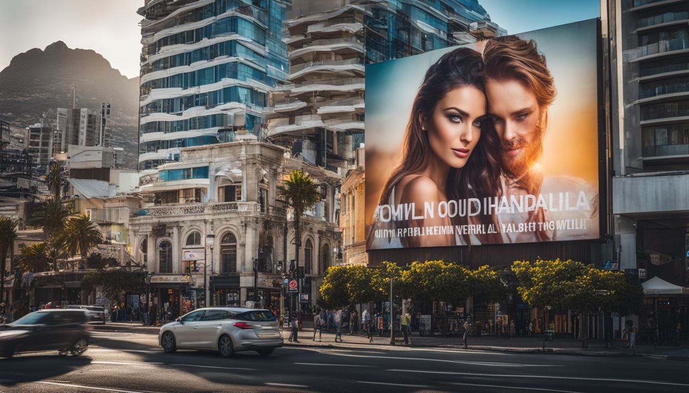 A well-branded billboard in Cape Town featuring diverse faces and styles, capturing the bustling atmosphere of the city.