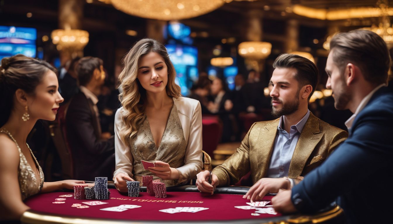 En grupp människor från olika nationaliteter spelar kort på ett lyxigt kasino.