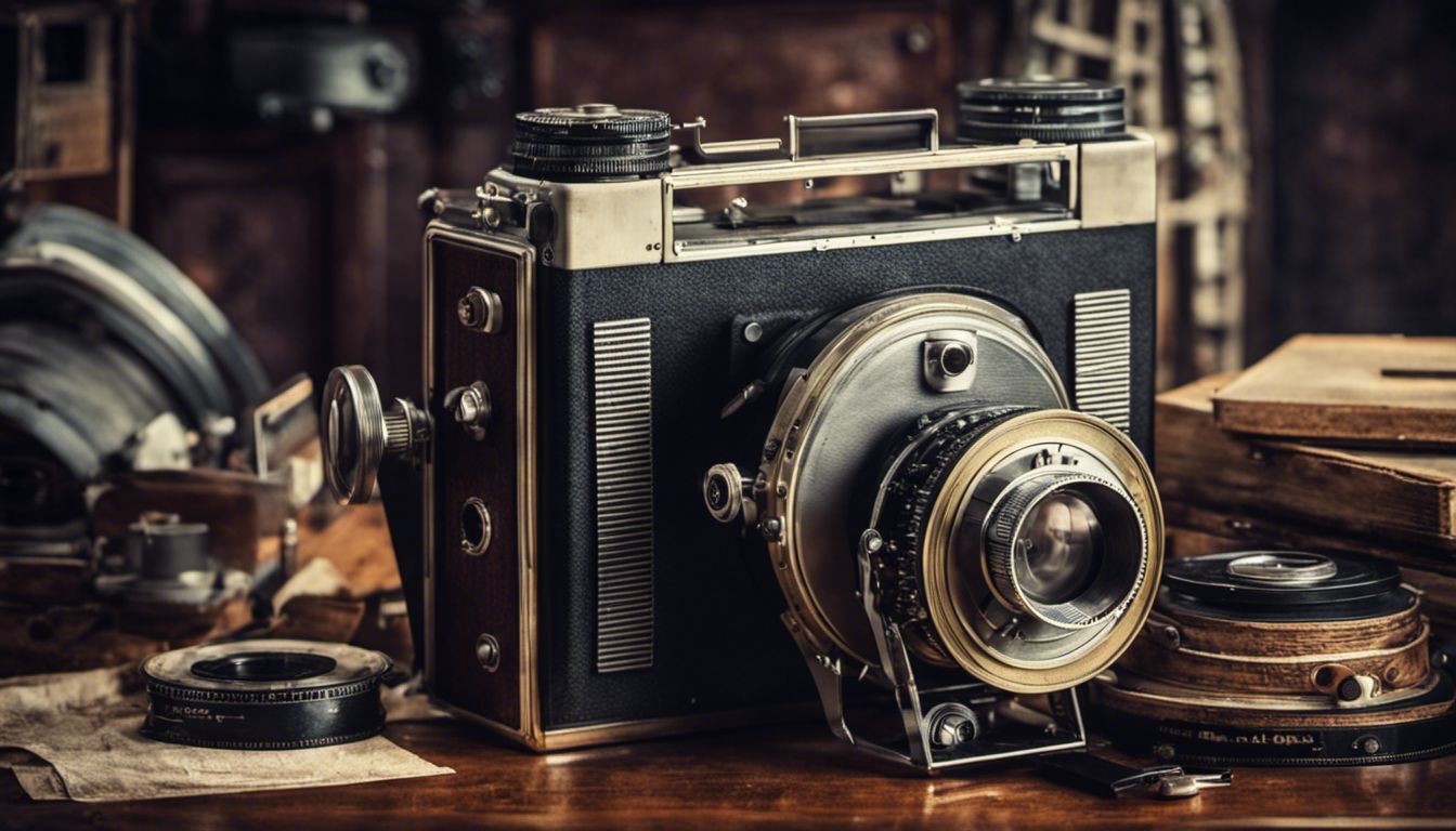 A vintage 16mm film camera with film reels and a clapperboard, highlighting the nostalgic charm of cinematic photography.