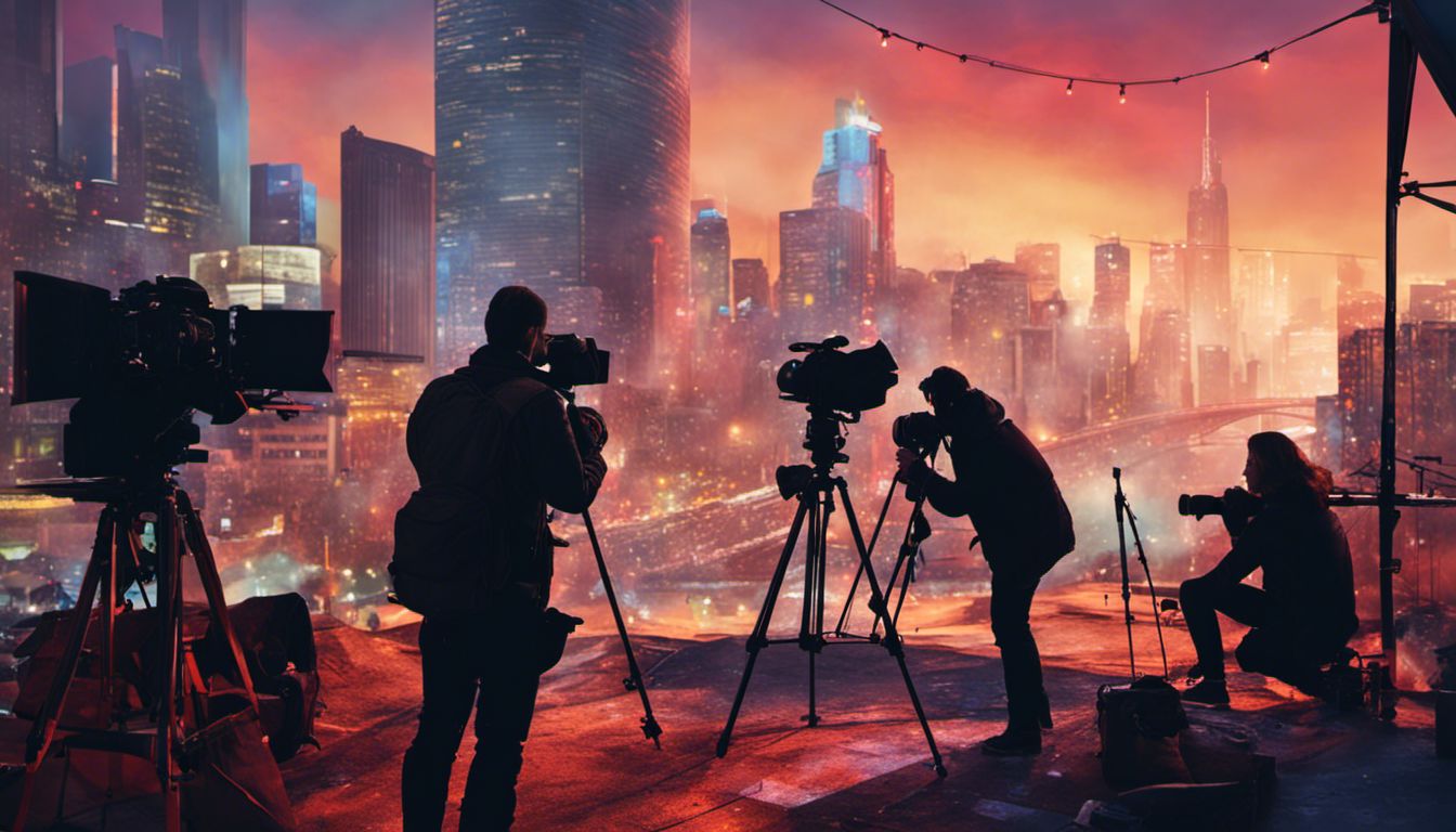 A video production team setting up for an urban photography shoot, with a focus on the cityscape.