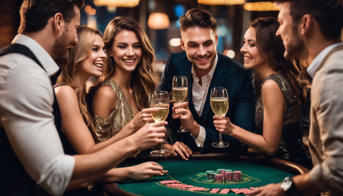 En grupp vänner firar med champagne och spelar casinospel.