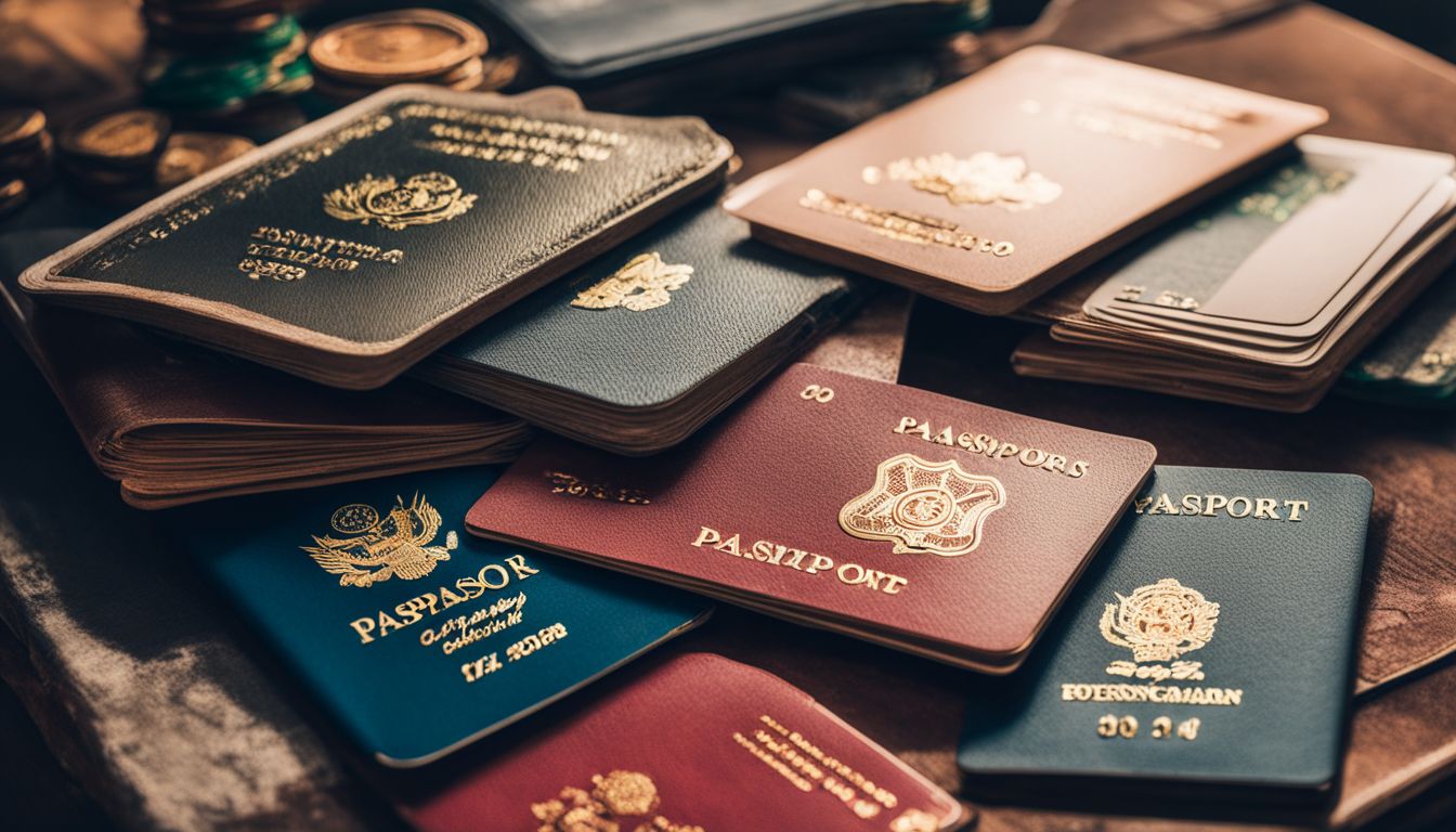 Bild av en stack med pass från olika länder omgiven av casinospelmarker.