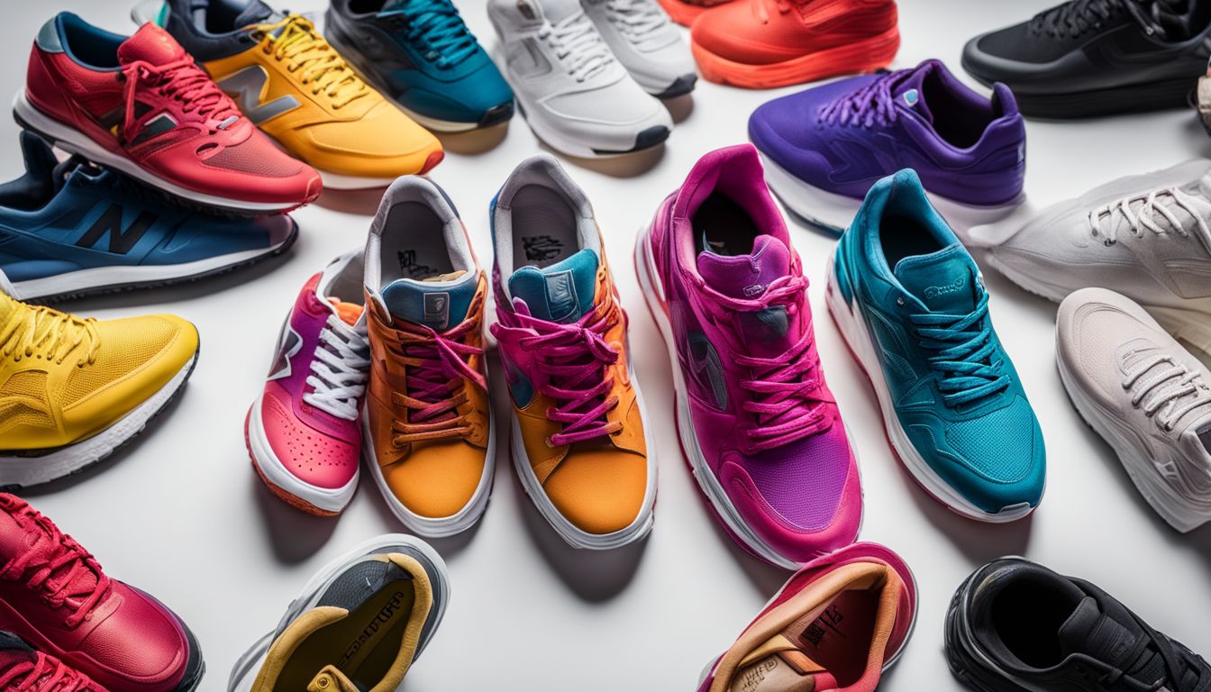 A colourful collection of sneakers neatly arranged on a white surface, ready for sale or display.