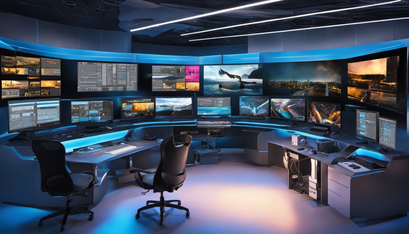 A modern digital film editing suite with high-tech computer and software, featuring vibrant visualizations of editing interfaces.
