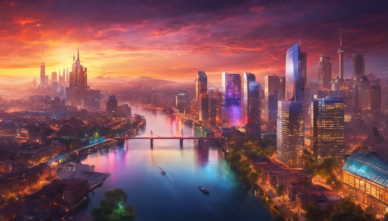 An enchanting aerial view of a lively city skyline at sunset, showcasing a mix of modern and traditional architecture.