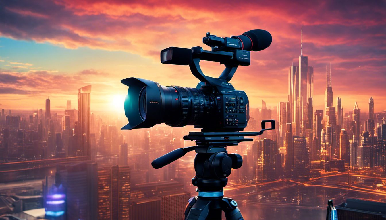 A state-of-the-art video camera captures a stunning aerial shot of a vibrant cityscape at sunset.