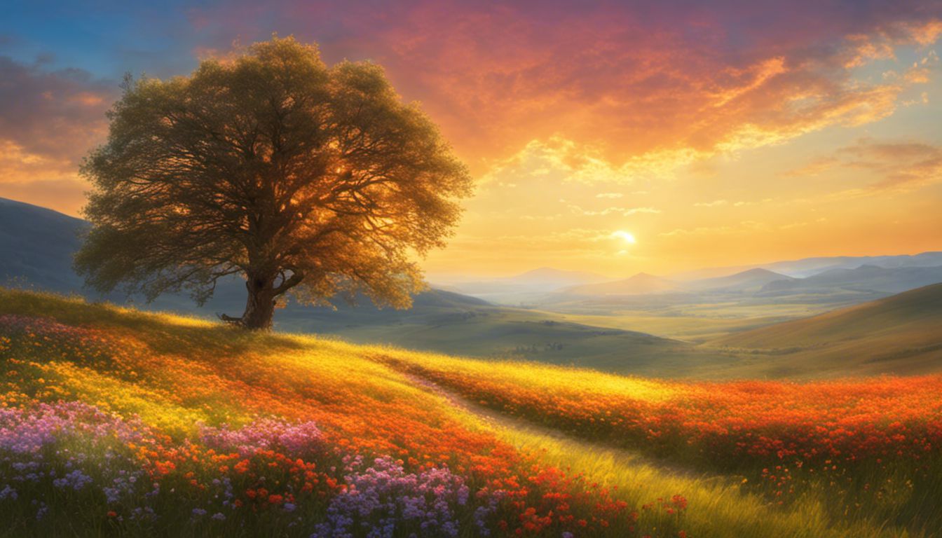A solitary tree stands strong amidst a field of vibrant wildflowers at sunset.