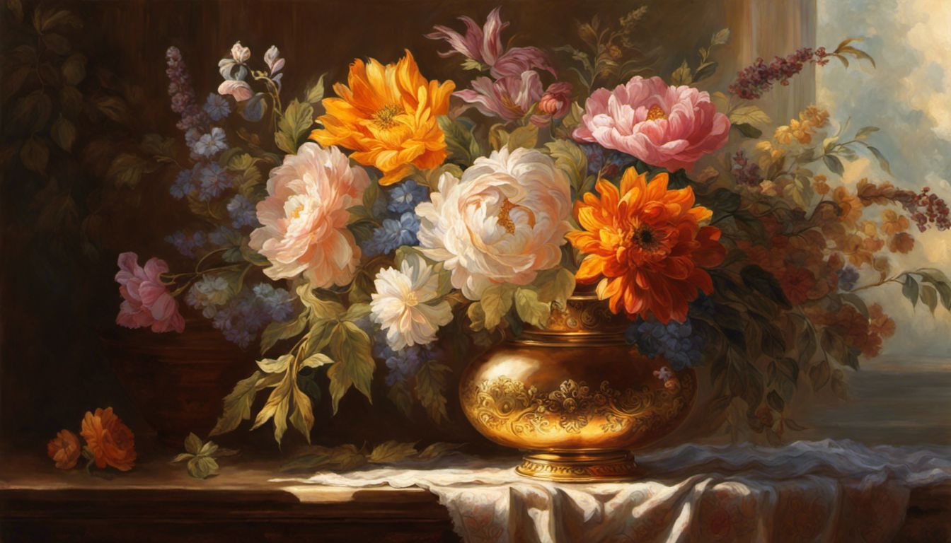 A stunning bouquet of flowers in an antique vase, highlighted by golden sunlight and surrounded by lush foliage.