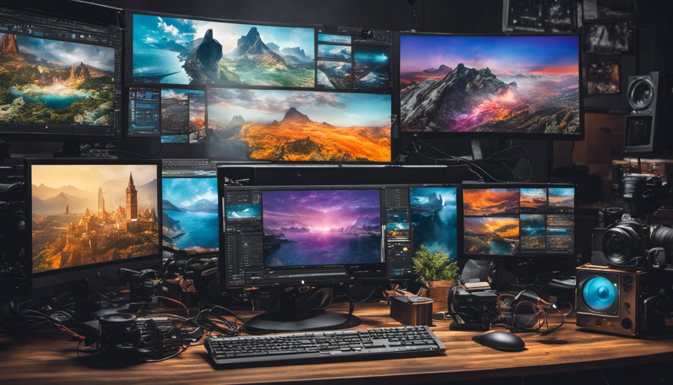 An array of video editing software logos and aerial photography equipment highlight the captivating potential of technology in capturing stunning visuals.