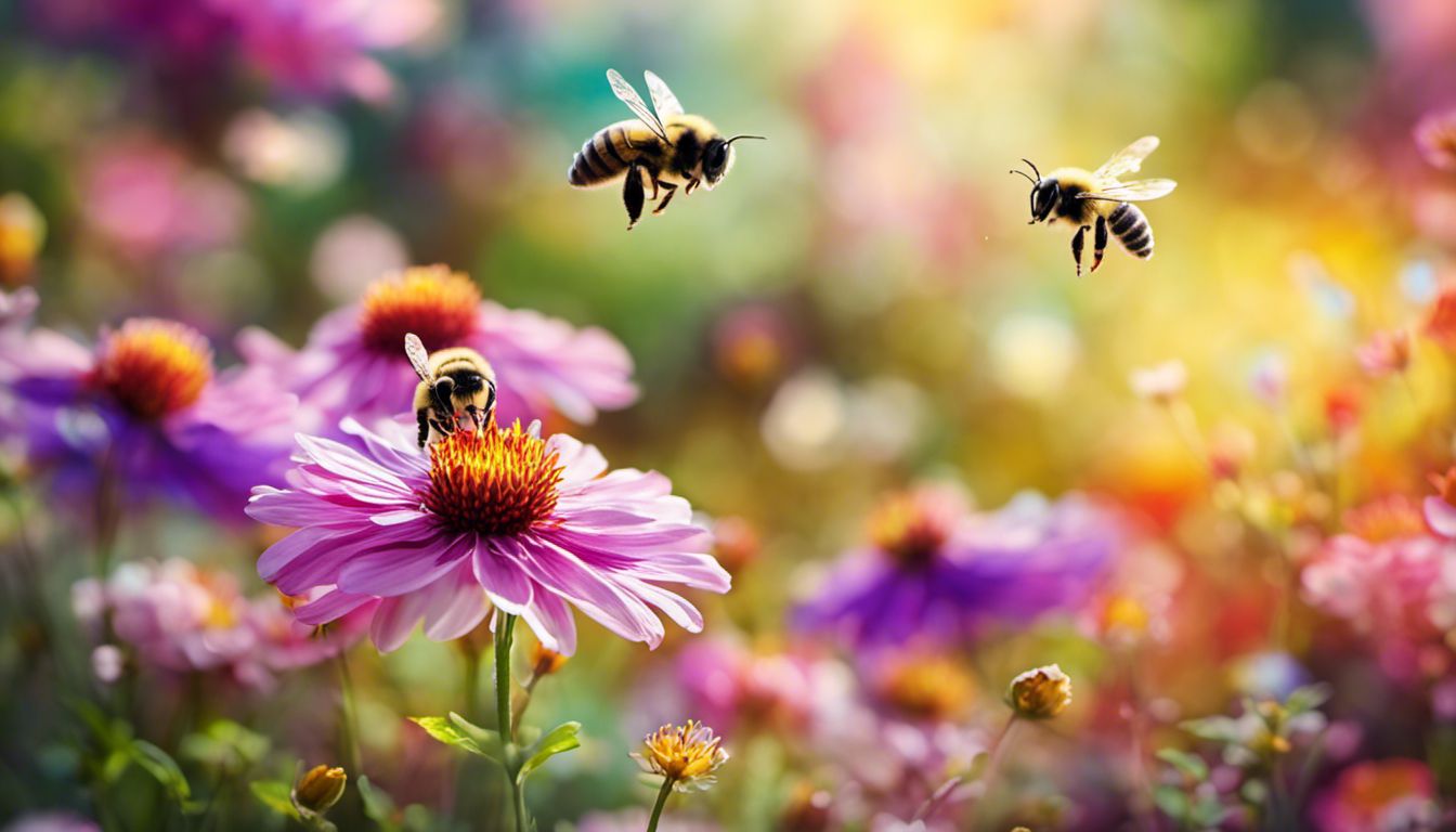 A colorful garden filled with diverse flowers and busy bees, showcasing the beauty of nature's creations.