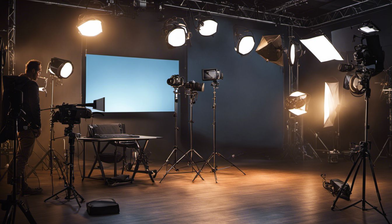 An aerial photography studio with high-end equipment and adjustable LED lighting.